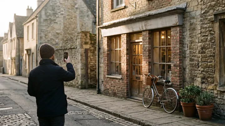 A person photographing a shopfront on a phone from across a quiet street.