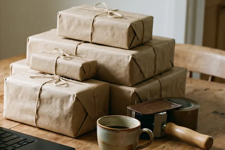 A stack of parcels wrapped in kraft paper and tied with string, beside a mug and a tape gun.