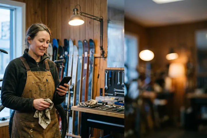 The owner of a bike and ski repair shop checking her phone at the repair stand.