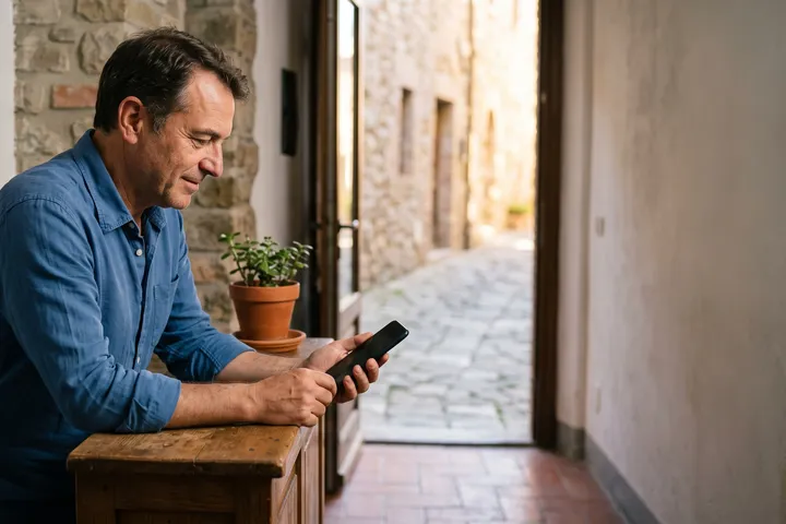 The owner of a small guesthouse checking his phone at the reception desk.