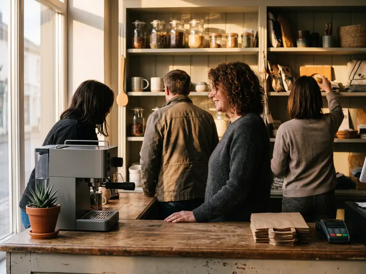 The same counter a few weeks later, with customers waiting and the owner serving.